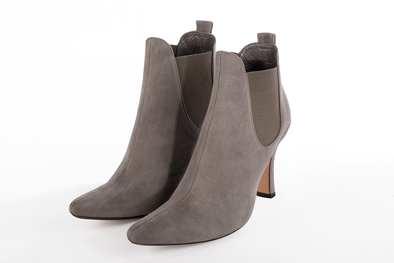 Bronze beige and taupe brown women's ankle boots with buckles. Tapered toe. Very high spool heels. Front view - Florence KOOIJMAN